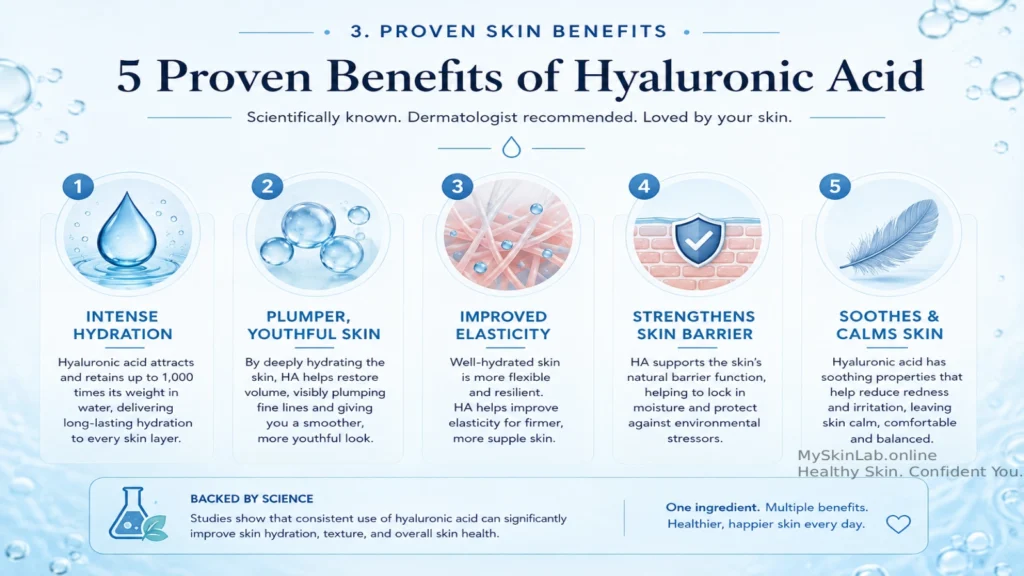 Infographic showing the five proven skincare benefits of hyaluronic acid: intense hydration, plumper skin, improved elasticity, stronger skin barrier, and soothing effects.