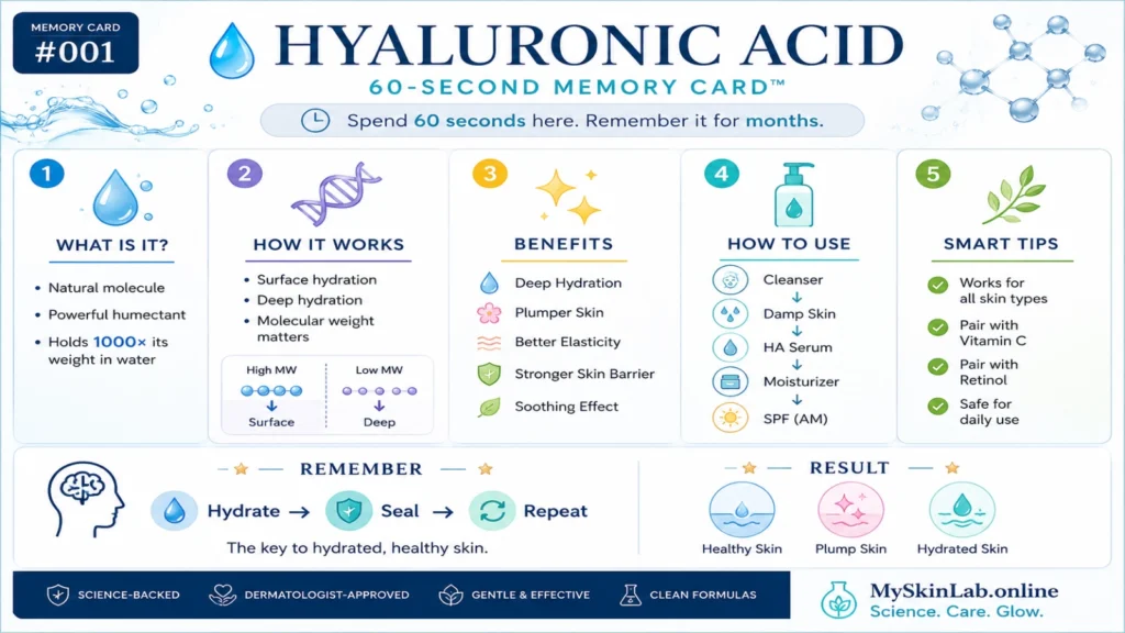 MySkinLab Memory Card summarizing Hyaluronic Acid in 60 seconds