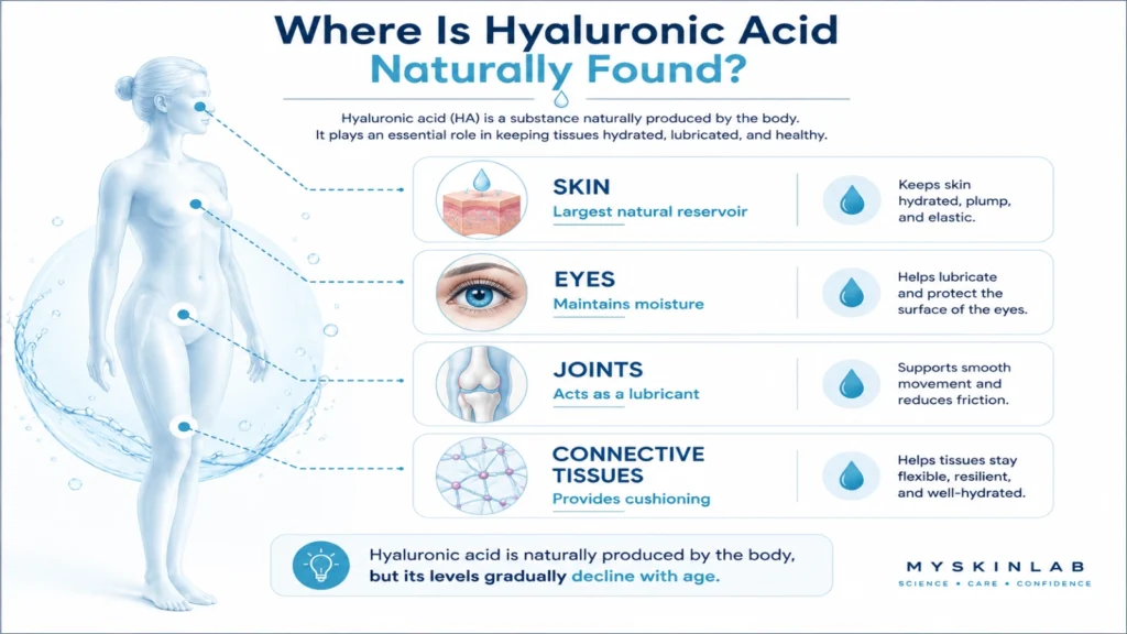 Infographic showing where hyaluronic acid is naturally found in the skin, eyes, joints, and connective tissues.