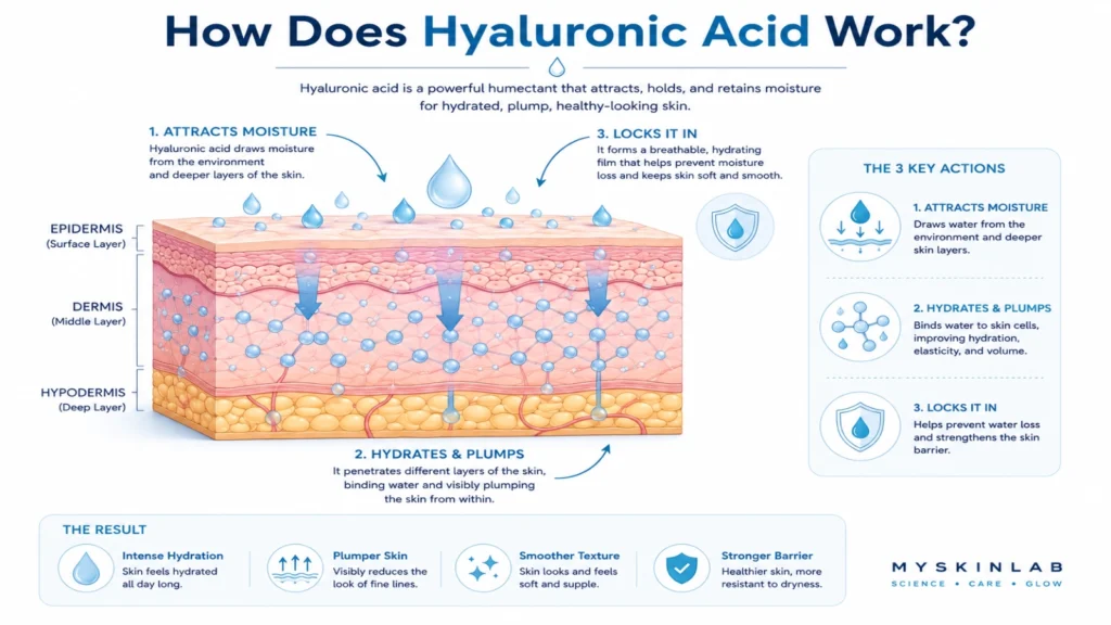 Educational infographic showing how hyaluronic acid attracts water, hydrates the skin, and helps strengthen the skin barrier.