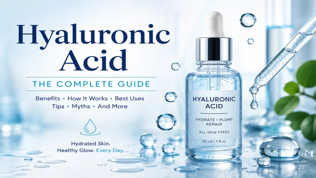 Hyaluronic acid serum bottle with water droplets